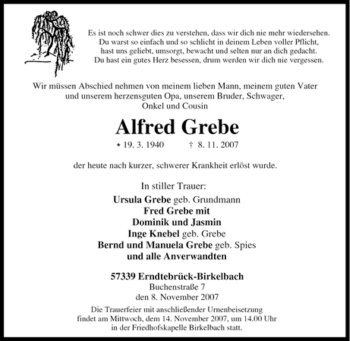 Traueranzeige von Alfred Grebe von Tageszeitung