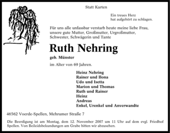 Traueranzeige von Ruth Nehring von Tageszeitung