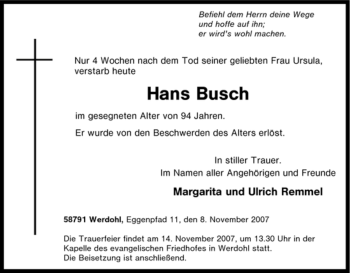 Traueranzeige von Hans Busch von Tageszeitung