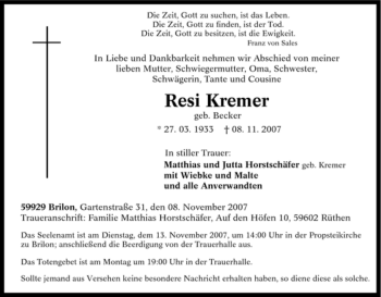 Traueranzeige von Resi Kremer von Tageszeitung
