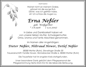 Traueranzeige von Erna Neßler von Tageszeitung