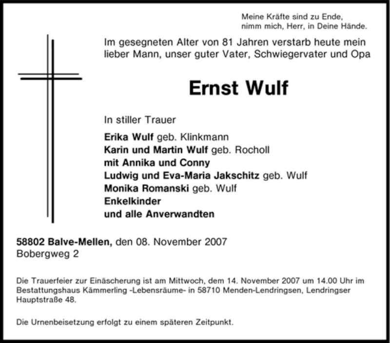  Traueranzeige für Ernst Wulf vom 10.11.2007 aus Tageszeitung