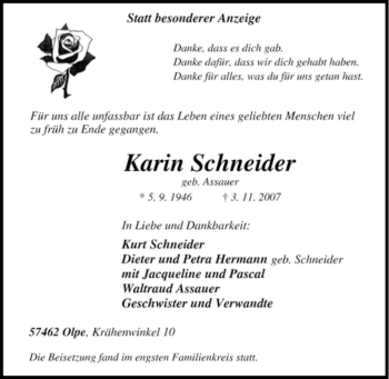 Traueranzeige von Karin Schneider von Tageszeitung