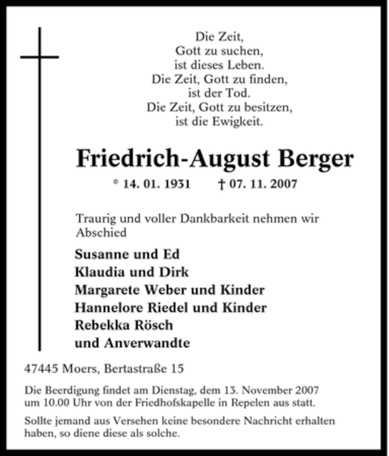  Traueranzeige für Friedrich-August Berger vom 10.11.2007 aus Tageszeitung