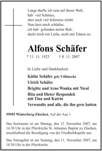 Traueranzeige von Alfons Schäfer von Tageszeitung