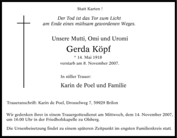 Traueranzeige von Gerda Köpf von Tageszeitung