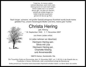 Traueranzeige von Christa Hering von Tageszeitung