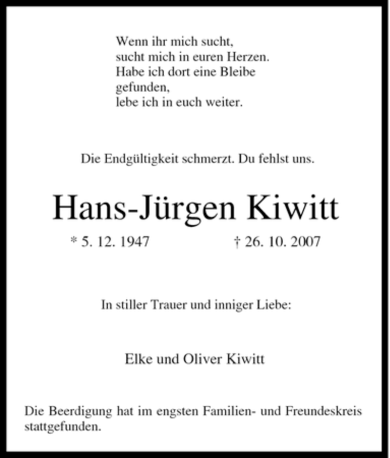 Traueranzeigen von HansJürgen Kiwitt TrauerinNRW.de