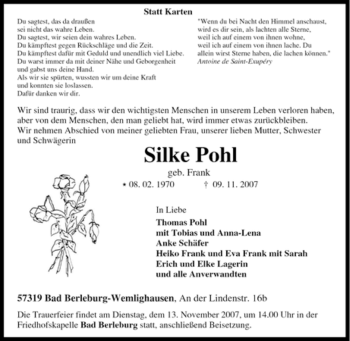 Traueranzeige von Silke Pohl von Tageszeitung
