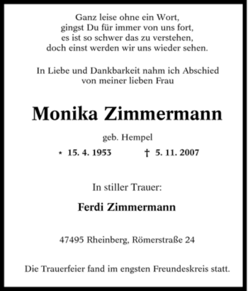 Traueranzeige von Monika Zimmermann von Tageszeitung