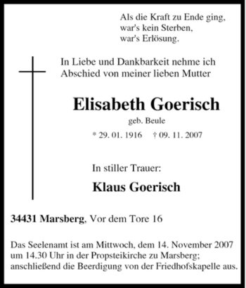 Traueranzeige von Elisabeth Goerisch von Tageszeitung