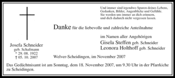 Traueranzeige von Josefa Schneider von Tageszeitung