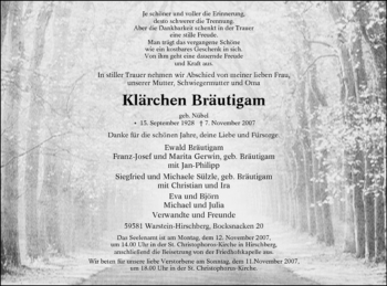 Traueranzeige von Klärchen Bräutigam von Tageszeitung