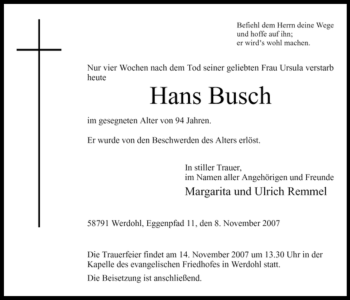 Traueranzeige von Hans Busch von Tageszeitung