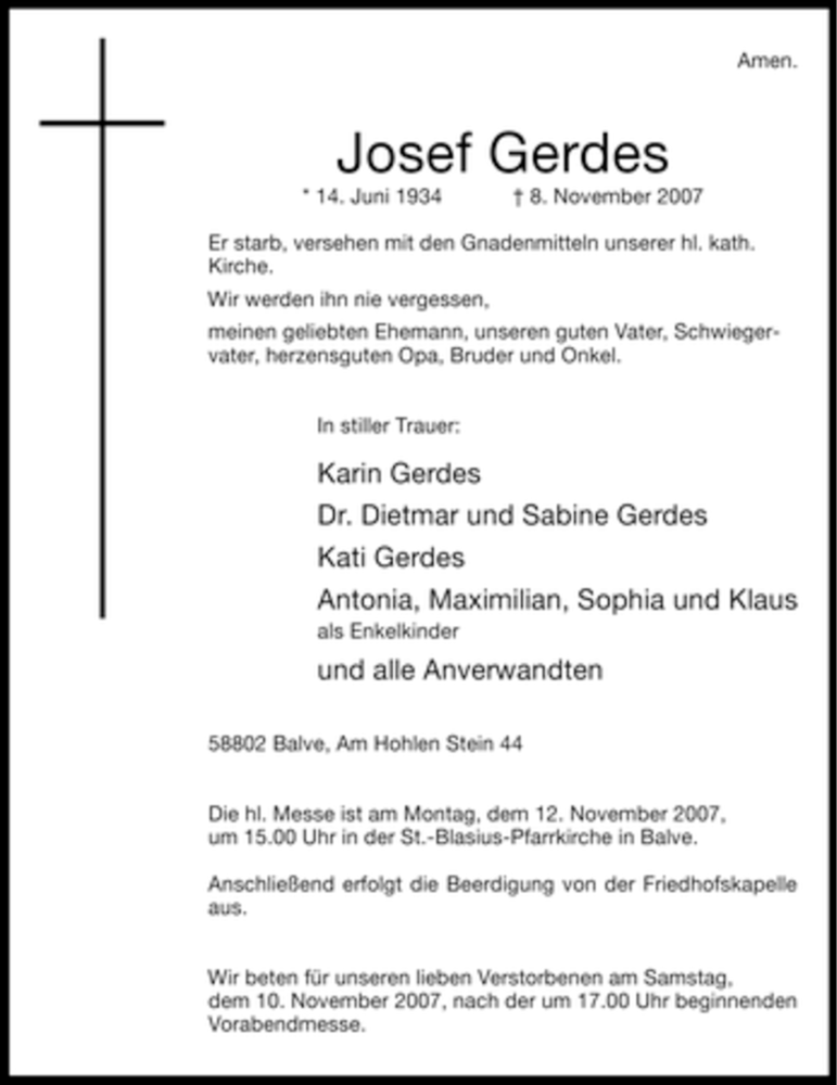  Traueranzeige für Josef Gerdes vom 10.11.2007 aus Tageszeitung