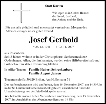 Traueranzeige von Josef Gerhold von Tageszeitung