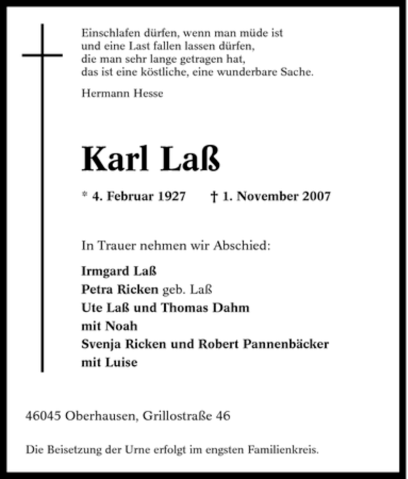  Traueranzeige für Karl Laß vom 12.11.2007 aus Tageszeitung