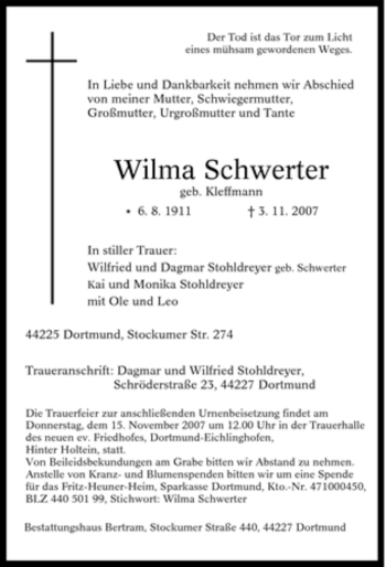 Traueranzeige von Wilma Schwerter von Tageszeitung