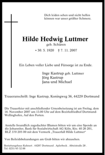 Traueranzeige von Hilde Hedwig Luttmer von Tageszeitung