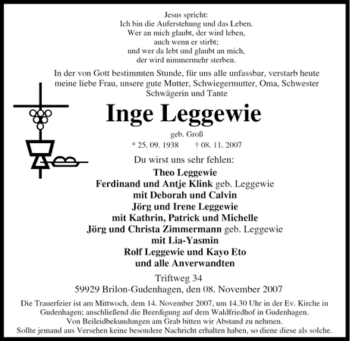Traueranzeige von Inge Leggewie von Tageszeitung