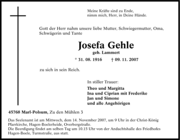 Traueranzeige von Josefa Gehle von Tageszeitung