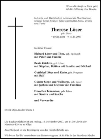 Traueranzeige von Therese Löser von Tageszeitung