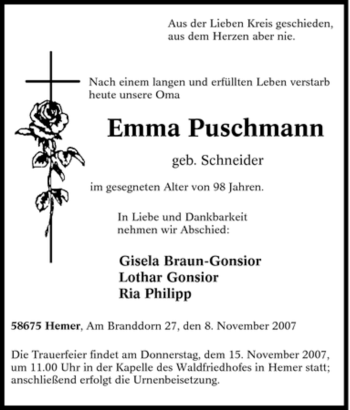 Traueranzeige von Emma Puschmann von Tageszeitung