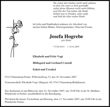 Traueranzeige von Josefa Hogrebe von Tageszeitung