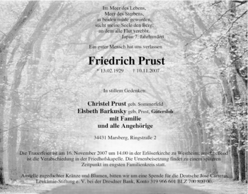 Traueranzeige von Friedrich Prust von Tageszeitung