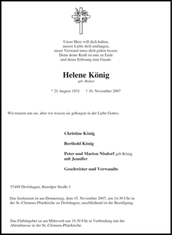 Traueranzeige von Helene König von Tageszeitung
