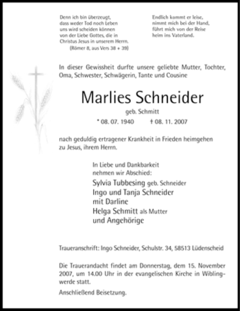 Traueranzeige von Marlies Schneider von Tageszeitung