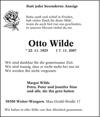 Traueranzeige von Otto Wilde von Tageszeitung