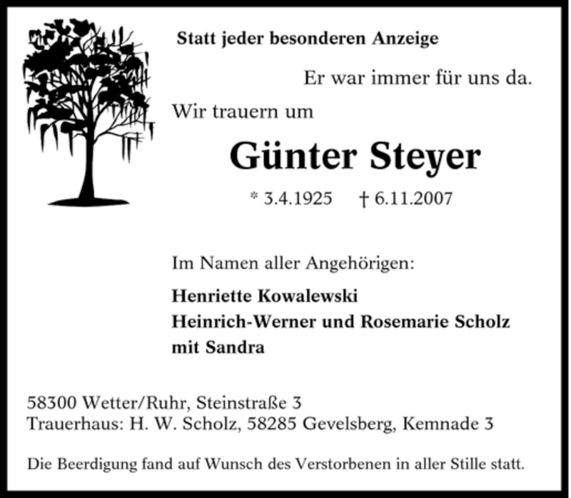  Traueranzeige für Günter Steyer vom 13.11.2007 aus Tageszeitung