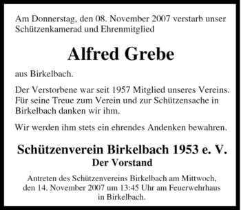 Traueranzeige von Alfred Grebe von Tageszeitung
