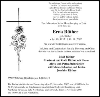 Traueranzeige von Erna Rüther von Tageszeitung
