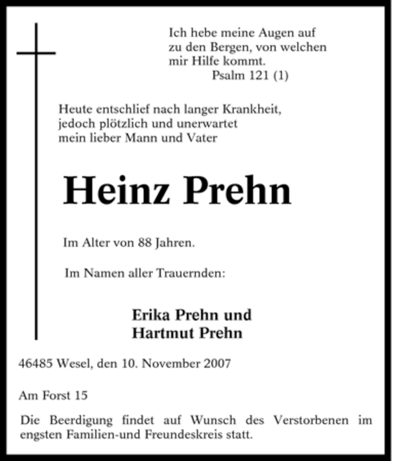 Traueranzeige für Heinz Prehn vom 13.11.2007 aus Tageszeitung