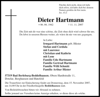 Traueranzeige von Dieter Hartmann von Tageszeitung