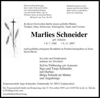 Traueranzeige von Marlies Schneider von Tageszeitung
