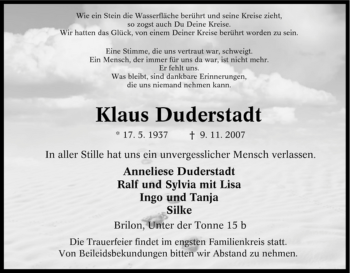 Traueranzeige von Klaus Duderstadt von Tageszeitung
