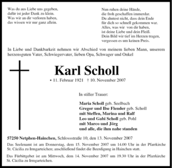 Traueranzeige von Karl Scholl von Tageszeitung