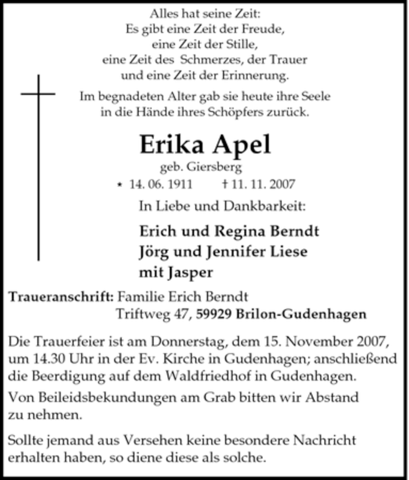  Traueranzeige für Erika Apel vom 13.11.2007 aus Tageszeitung