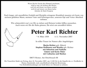 Traueranzeige von Peter Karl Richter von Tageszeitung