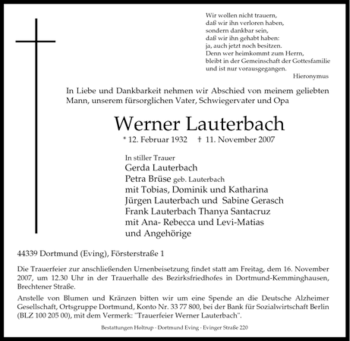 Traueranzeige von Werner Lauterbach von Tageszeitung