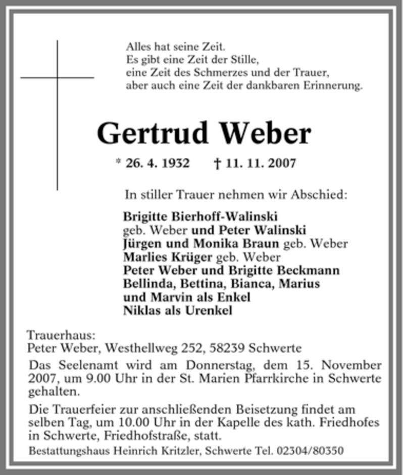 Traueranzeigen von Gertrud Weber | Trauer-in-NRW.de