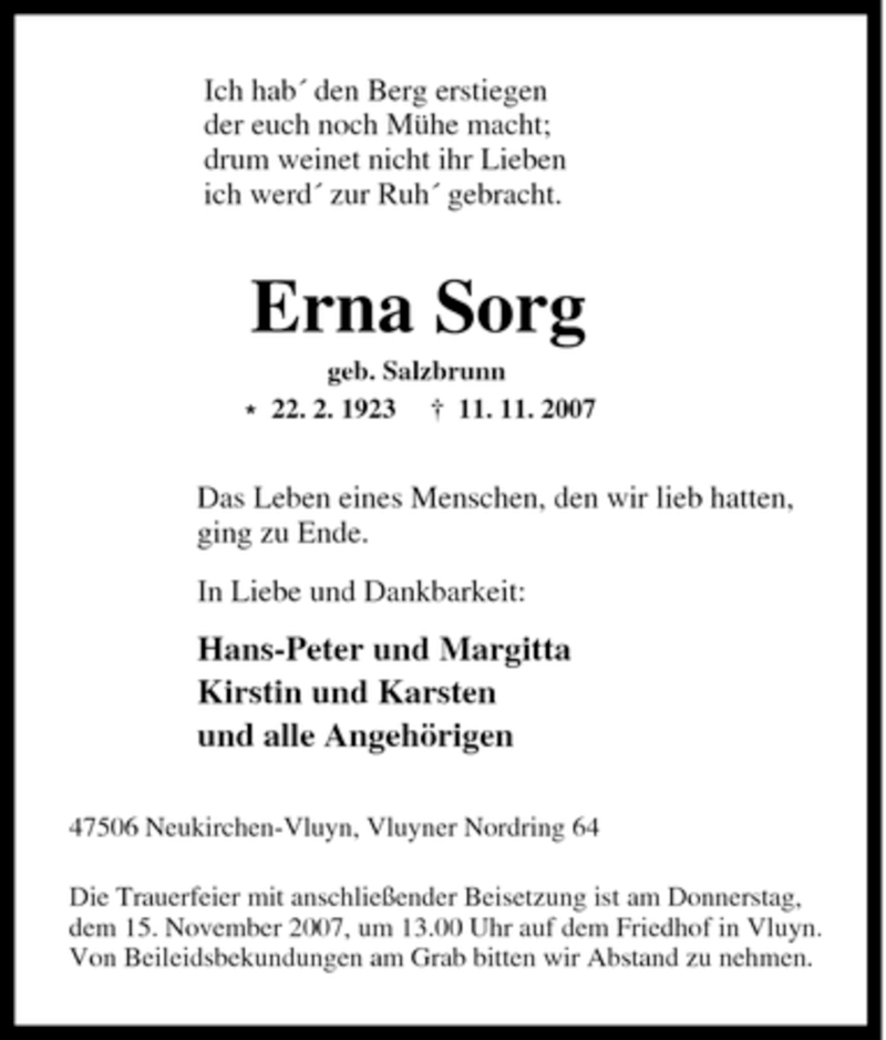  Traueranzeige für Erna Sorg vom 13.11.2007 aus Tageszeitung
