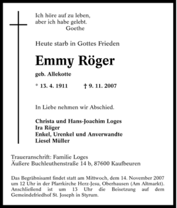 Traueranzeige von Emmy Röger von Tageszeitung