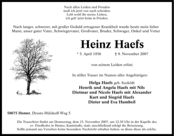 Traueranzeige von Heinz Haefs von Tageszeitung