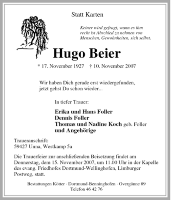 Traueranzeige von Hugo Beier von Tageszeitung