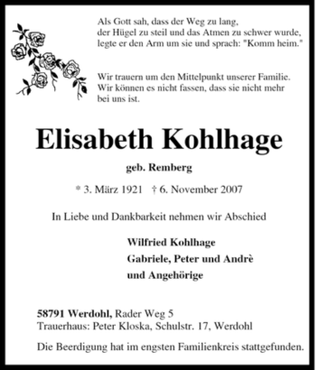 Traueranzeige von Elisabeth Kohlhage von Tageszeitung