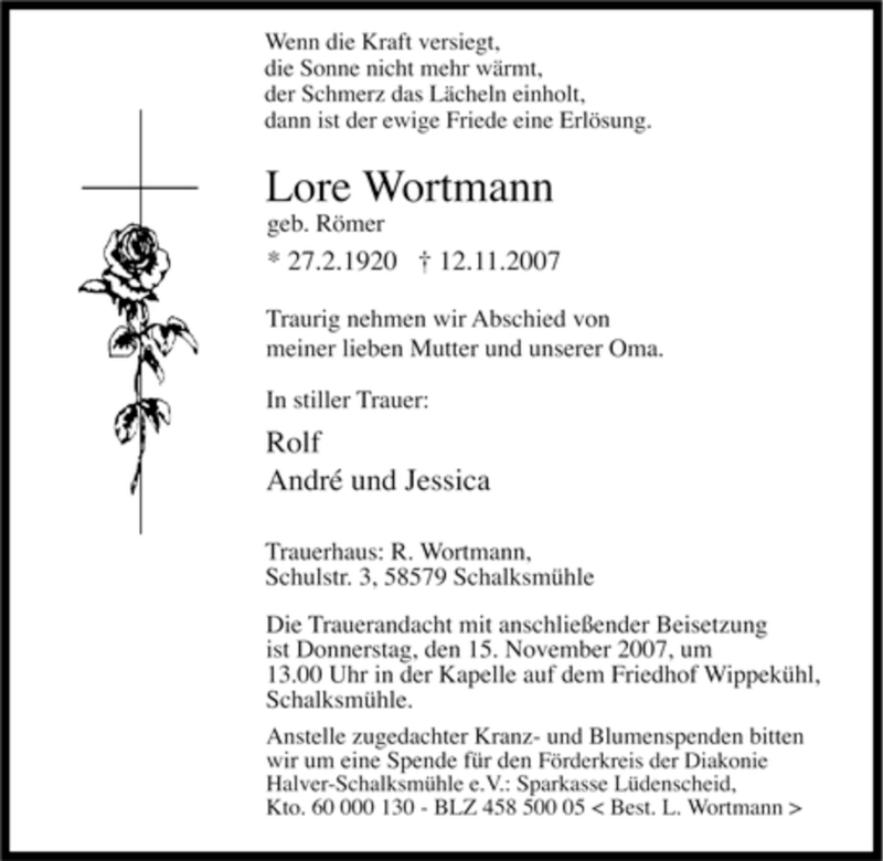  Traueranzeige für Lore Wortmann vom 13.11.2007 aus Tageszeitung